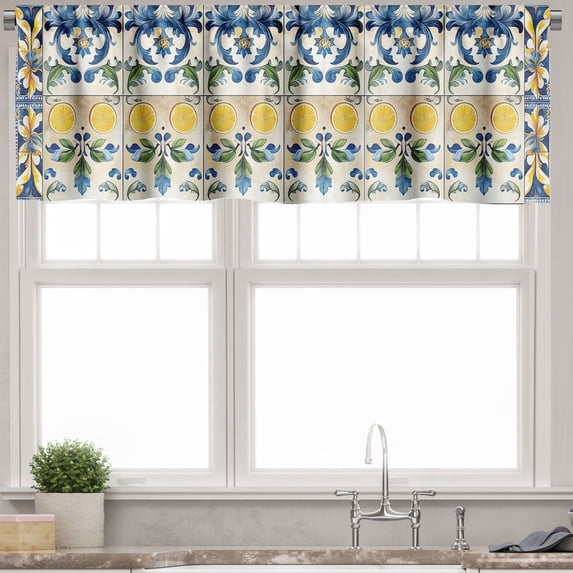 Ambesonne Mediterranean Window Valance, Art Curlicue Leaves, 54" X 12", Sea Blue Mustard Green