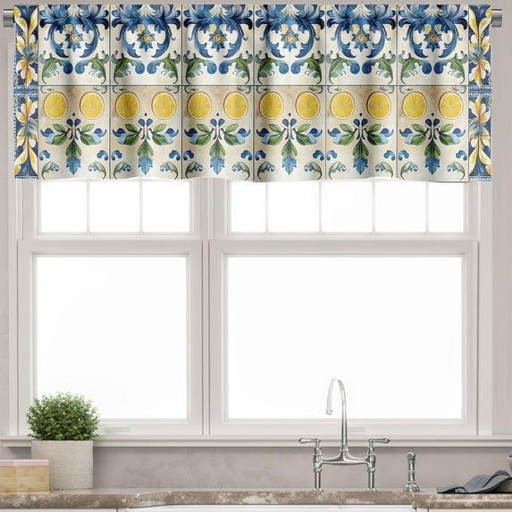 Ambesonne Mediterranean Window Valance, Art Curlicue Leaves, 54" X 18", Sea Blue Mustard Green