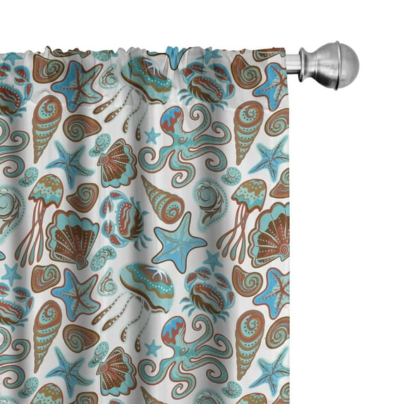 Ambesonne Medusa Curtains, Crabs Octopus Shells Sea, Pair of 28"x63", Turquoise Brown