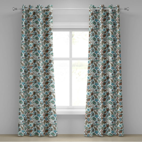 Ambesonne Medusa Grommet Curtain, Crabs Octopus Shells Sea, 50" x 108", Turquoise Brown