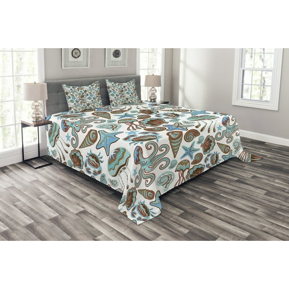 Ambesonne Medusa Quilted Bedspread Set 3 Pcs, Crabs Octopus Shells Sea, Queen Size, Turquoise Brown
