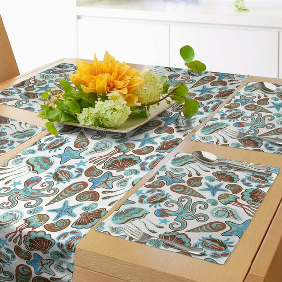 Ambesonne Medusa Table Runner & Placemats, Crabs Octopus Shells Sea, Placemat 4 pcs + Runner 16"x90", Turquoise Brown