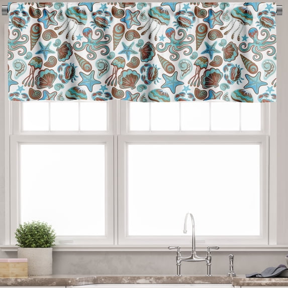 Ambesonne Medusa Valance Pack of 2, Crabs Octopus Shells Sea, 54"X18", Turquoise Brown
