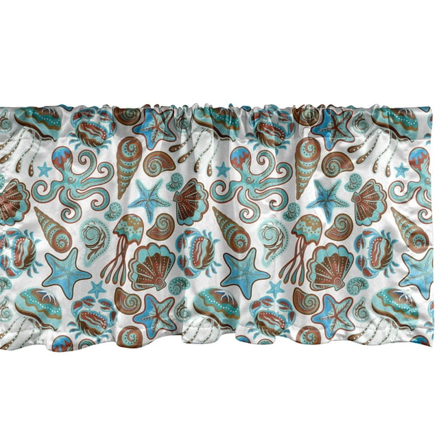 Ambesonne Medusa Window Valance, Crabs Octopus Shells Sea, 54" X 12", Turquoise Brown
