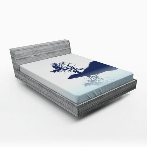 Ambesonne Melancholy Fitted Sheet, Lonely Tree by Lake, Queen Size, Pale Blue Indigo