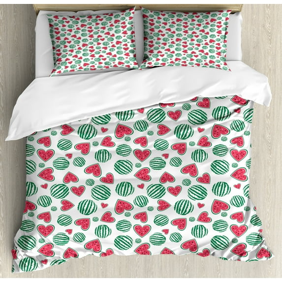 Ambesonne Melon Duvet Cover Sets, Watermelon Fruit Heart Slices, 2-King, Dark Coral Forest Green