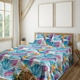 thumbnail image 1 of Ambesonne Memphis Design Fitted & Flat Sheet with Sham 3 Pcs Set, Tropical Birds Art, Twin XL, Sea Blue Apricot Magenta, 1 of 5