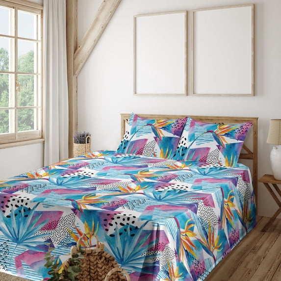 Ambesonne Memphis Design Fitted & Flat Sheet with Shams 4 Pcs Set, Tropical Birds Art, Full, Sea Blue Apricot Magenta