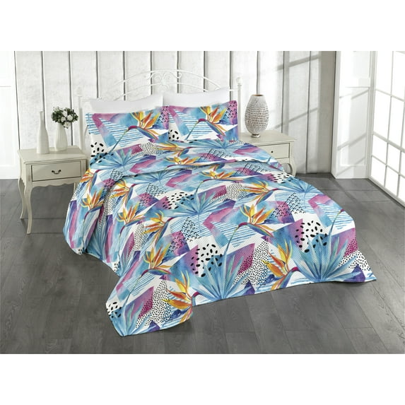 Ambesonne Memphis Design Quilted Bedspread Set 3 Pcs, Tropical Birds Art, Twin, Sea Blue Apricot Magenta