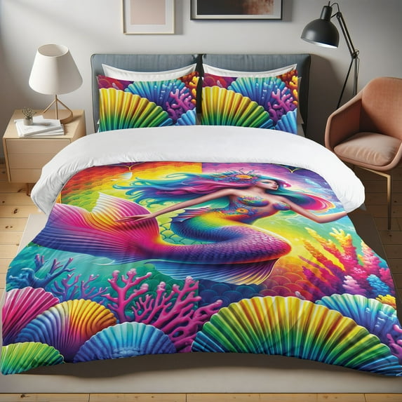 Ambesonne Mermaid Duvet Cover Set, Colorful Underwater Shells, King, Purple Multicolor