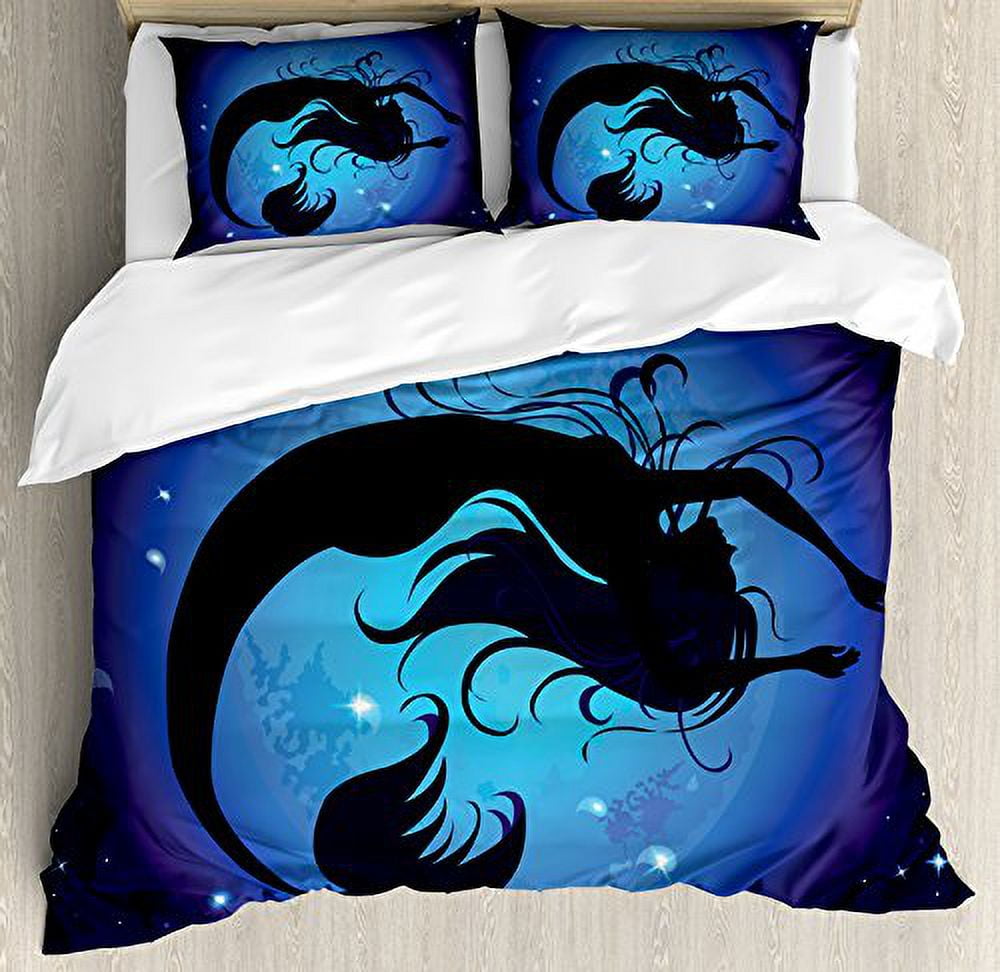 Queen Blue and Black Mermaid Duvet Cover Set