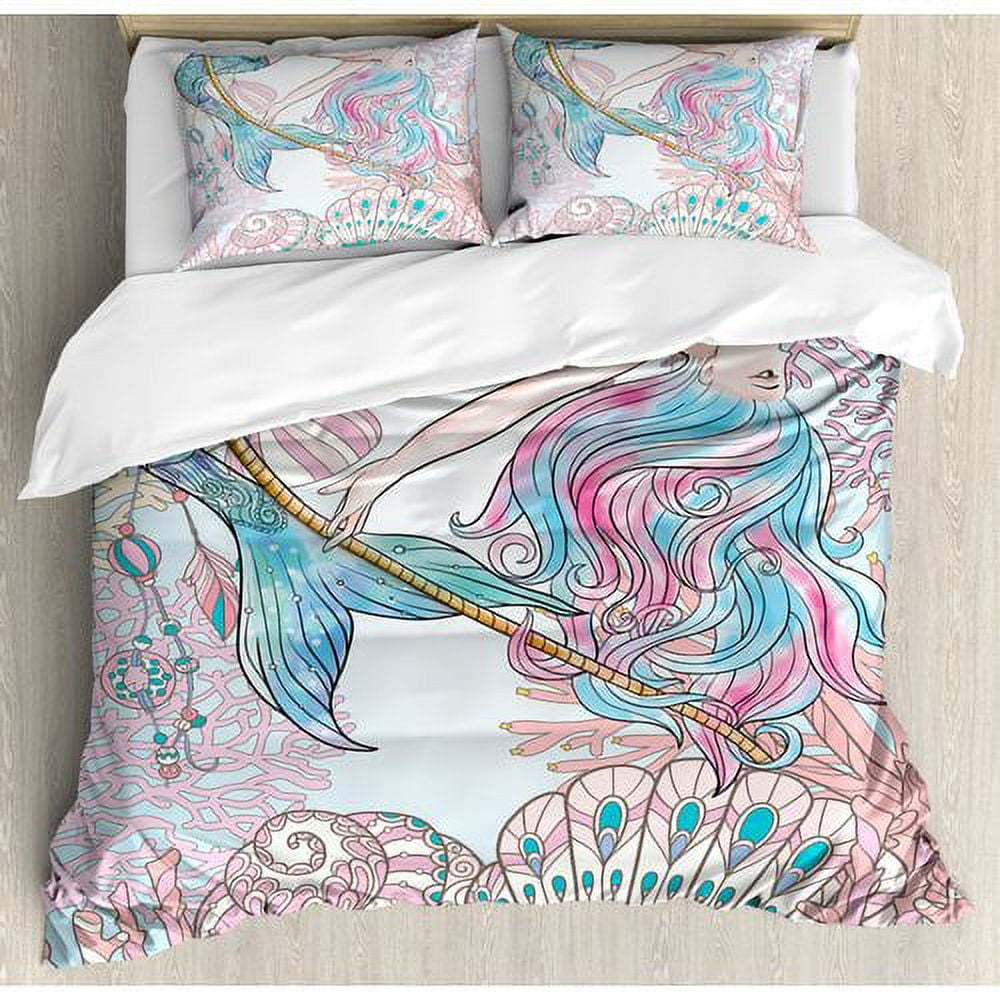 Mermaid Blue and Pink Polyester Queen Duvet Cover Set