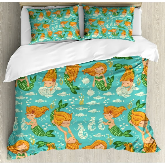 Ambesonne Mermaid Duvet Cover Sets, Cartoon Character Sea, 2-Queen, Turquoise Marigold Green