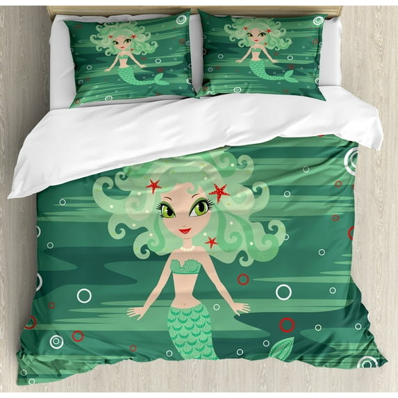 Ambesonne Mermaid Duvet Cover Sets, Starfish Sea Cartoon, 2-King, Green