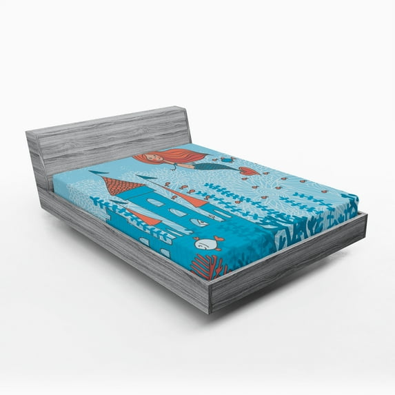 Ambesonne Mermaid Fitted Sheet, Cartoon Castle Corals, Full Size, Teal Orange