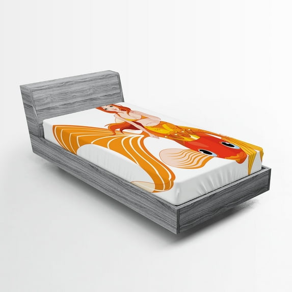 Ambesonne Mermaid Fitted Sheet, Cartoon on Goldfish, Twin Size, Orange Marigold White
