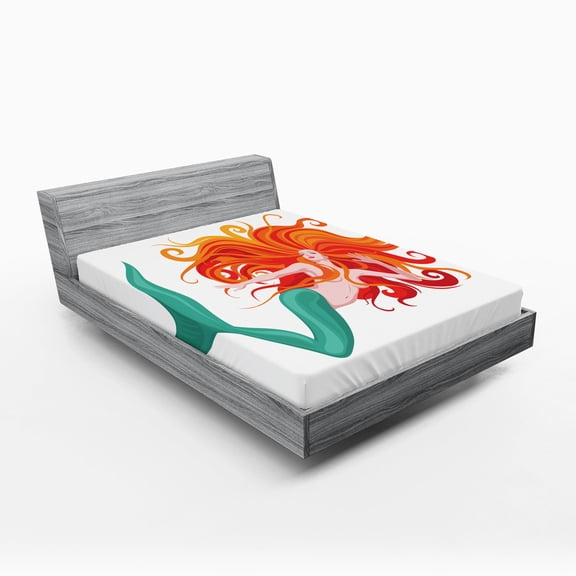 Ambesonne Mermaid Fitted Sheet, Character, Full Size, Dark Orange Turquoise