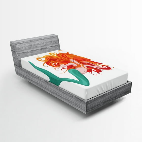 Ambesonne Mermaid Fitted Sheet, Character, Twin Size, Dark Orange Turquoise