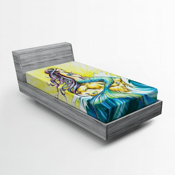 Ambesonne Mermaid Fitted Sheet, Fantasy Woman on Rock, Twin XL Size, Yellow Blue Purple
