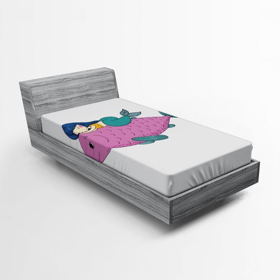 Ambesonne Mermaid Fitted Sheet, Fish, Twin Size, Purple Teal
