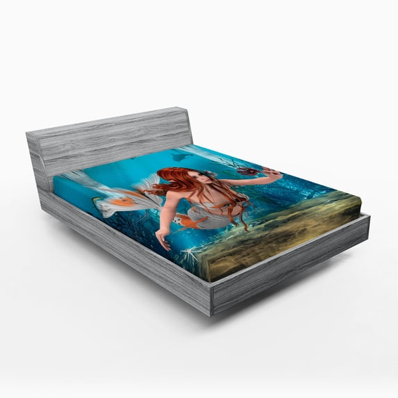 Ambesonne Mermaid Fitted Sheet, Magic Aqua Sea Lily, Full Size, Burnt Sienna Pale Blue