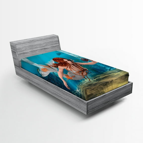 Ambesonne Mermaid Fitted Sheet, Magic Aqua Sea Lily, Twin XL Size, Burnt Sienna Pale Blue