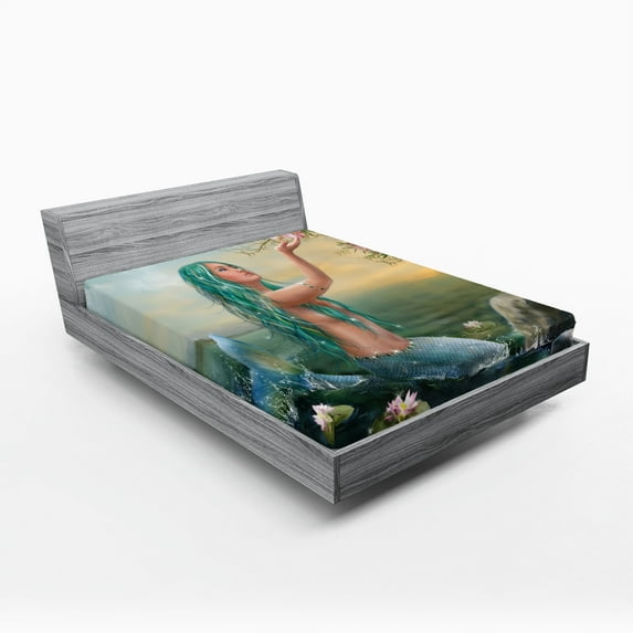 Ambesonne Mermaid Fitted Sheet, Mermaid and Magnolias, Full Size, Sea Green Petrol Blue