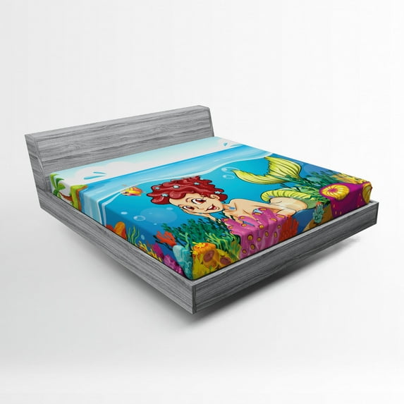 Ambesonne Mermaid Fitted Sheet, Palm Trees in Island, Full Size, Multicolor