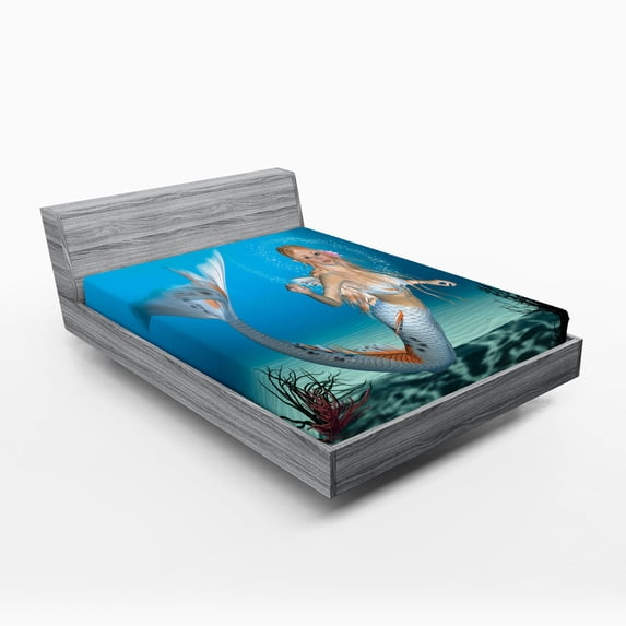 Ambesonne Mermaid Fitted Sheet, Tropic Ocean, Full Size, Sea Blue Navy