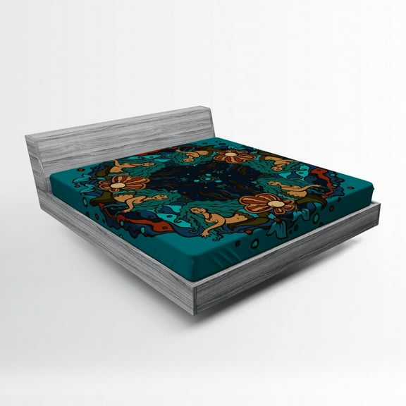 Ambesonne Mermaid Fitted Sheet, Vintage Marine Theme, Queen Size, Teal Red Cream