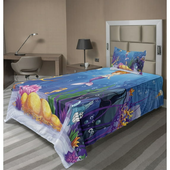 Ambesonne Mermaid Fitted & Top Sheet Set with Sham, Cartoon Mermaid Fish Art, Multicolor