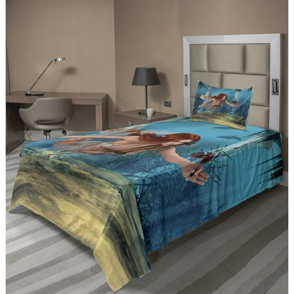 Ambesonne Mermaid Fitted & Top Sheet Set with Sham, Magic Aqua Sea Lily, Burnt Sienna Pale Blue