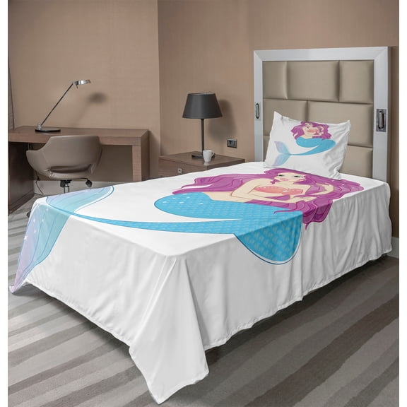 Ambesonne Mermaid Fitted & Top Sheet Set with Sham, Mermaid with Pink Hair Art, Turquoise Fuchsia White