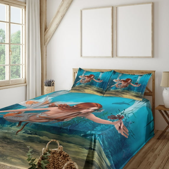 Ambesonne Mermaid Fitted & Top Sheet Set with Shams, Magic Aqua Sea Lily, Burnt Sienna Pale Blue