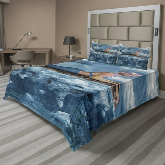 Ambesonne Mermaid Fitted & Top Sheet Set with Shams, Mythical Sea Graphic, Navy Blue White