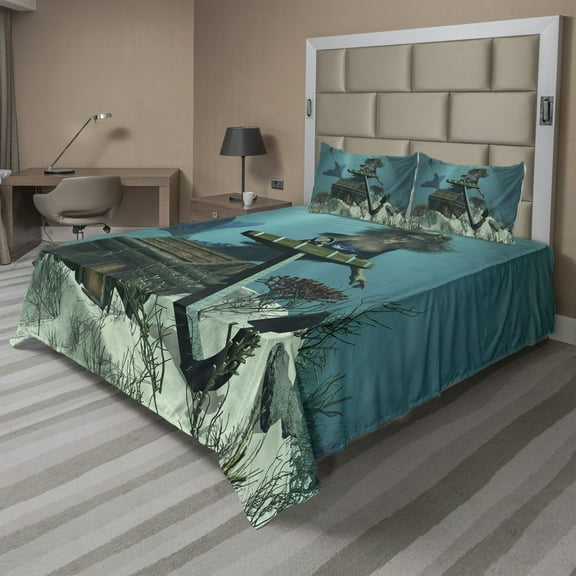 Ambesonne Mermaid Fitted & Top Sheet Set with Shams, Ocean Mythical Pirate, Azure Blue Brown Cream