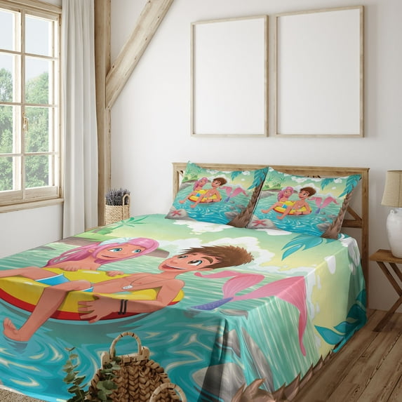 Ambesonne Mermaid Fitted & Top Sheet Set with Shams, Tropical Love Illustration, Multicolor