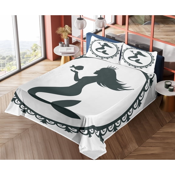 Ambesonne Mermaid Fitted & Top Sheet Set with Shams, Vintage Cartoon Fish, White and Black