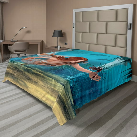 Ambesonne Mermaid Flat Sheet, Magic Aqua Sea Lily, Queen Size, Burnt Sienna Pale Blue