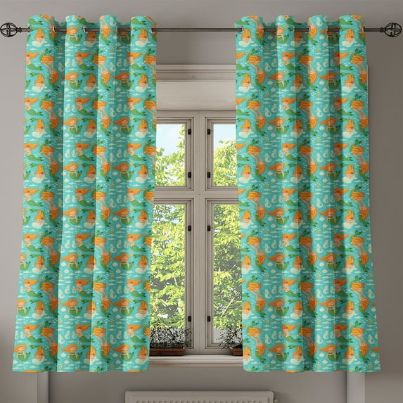 Ambesonne Mermaid Grommet Curtain, Cartoon Character Sea, 50" x 63", Turquoise Marigold Green
