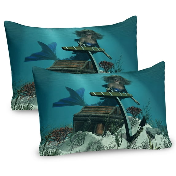 Ambesonne Mermaid Pillow Sham 2 Pack, Ocean Mythical Pirate, 26"x20", Azure Blue Brown Cream