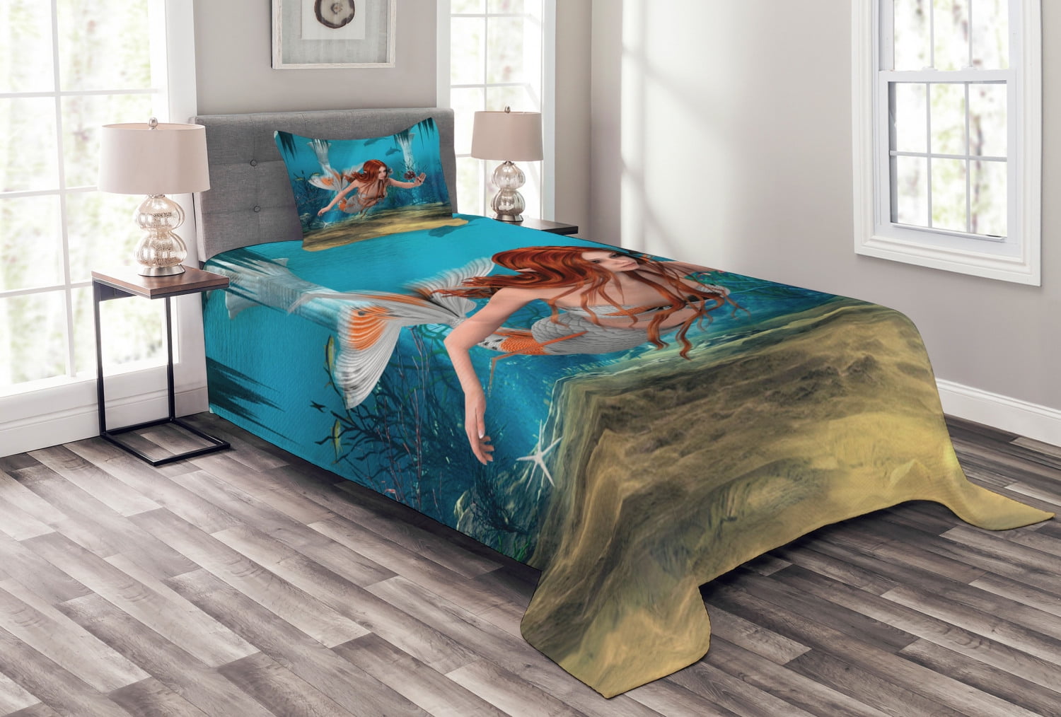 Twin White Quilted Mermaid Bedspread Set with Pillow Sham