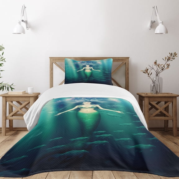 Ambesonne Mermaid Quilted Bedspread Set 2 Pcs, Underwater Life, Twin Size, Green Aqua Purple