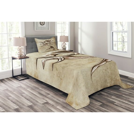 Ambesonne Mermaid Quilted Bedspread Set 2 Pcs, Vintage Mythical Art, Twin Size, Beige Brown