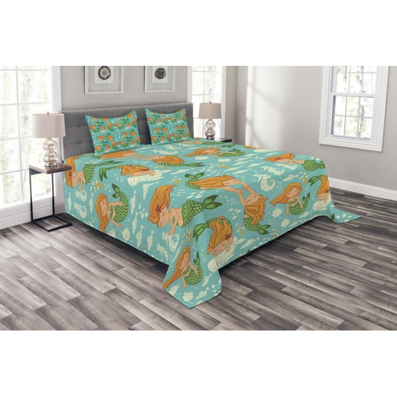 Ambesonne Mermaid Quilted Bedspread Set 3 Pcs, Cartoon Character Sea, Queen Size, Turquoise Marigold Green