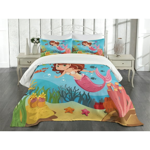 Ambesonne Mermaid Quilted Bedspread Set 3 Pcs, Cheerful Underwater, King Size, Multicolor