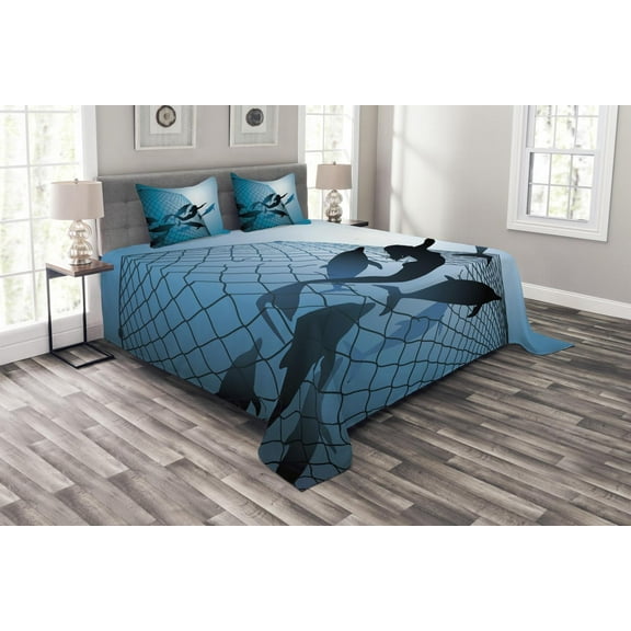 Ambesonne Mermaid Quilted Bedspread Set 3 Pcs, Flight of Dolphins, Queen Size, Blue