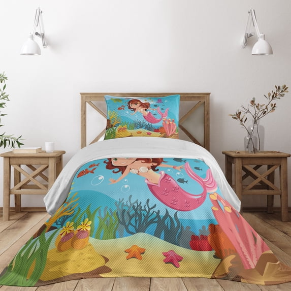 Ambesonne Mermaid Quilted Coverlet 2 Pcs, Cheerful Underwater, Twin Size, Multicolor