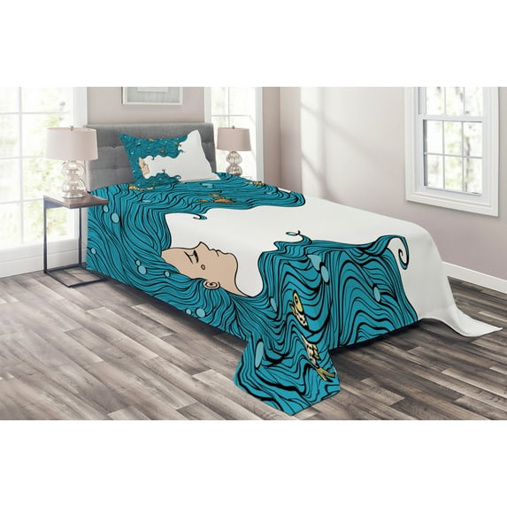 Ambesonne Mermaid Quilted Coverlet 2 Pcs, Girl Oceanic Hairstyle, Twin Size, Petrol Blue White