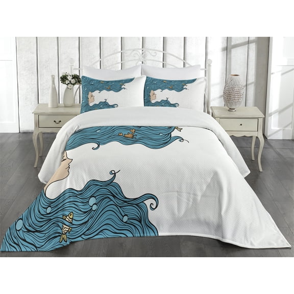 Ambesonne Mermaid Quilted Coverlet 3 Pcs, Girl Oceanic Hairstyle, King Size, Petrol Blue White